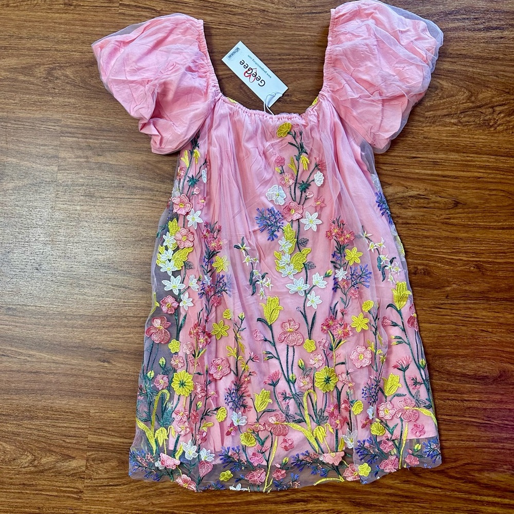 NWT GeeGee Floral Pink Puff Sleeve Dress - Picture 7 of 9